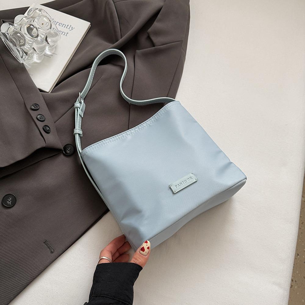 

Korean Style Nylon Tote Bag Pure Color Bucket Bag Fashion Underarm Bag Travel синій