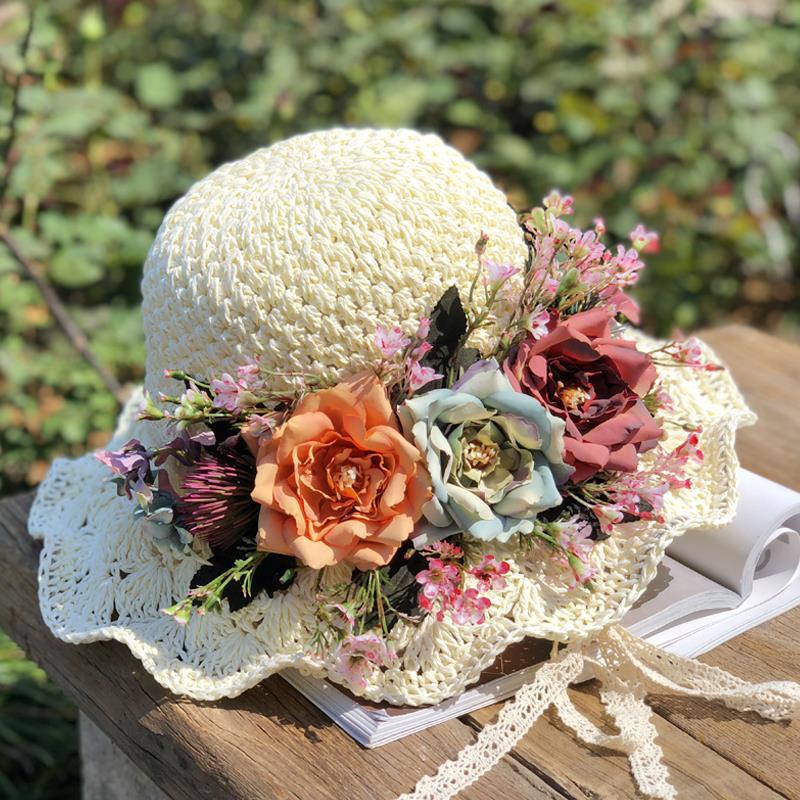 Handwoven Hollow Rose Flower Straw Hat Female Summer Small Fresh Pastoral Lace Strap Big Eaves Beach Hat