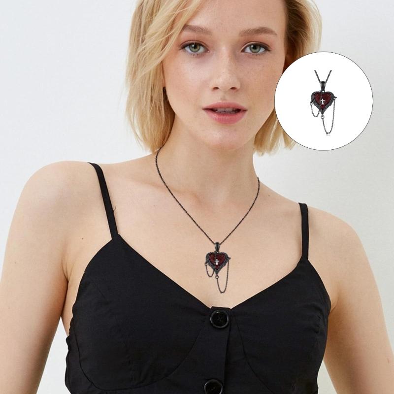 Heart Crosses Featuring Feather Wing Gothic Pendant Necklace Representing Love Freedom for Dark Culture Devotees
