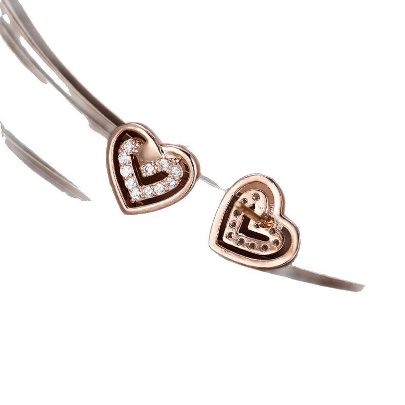 Wish rose gold and white diamond double-layer love stud earrings Korean simple heart-shaped personalized high-end ear jewelry