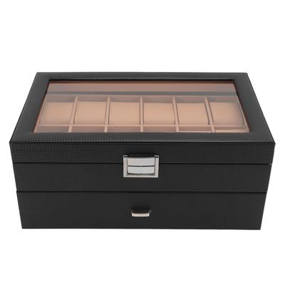 24 Slots Watch Display Box Carbon Fiber Watch Case with Drawer Design Waterproof PU Leather