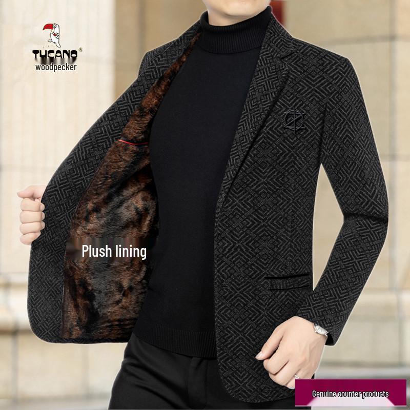 

Мужской костюм из кашемировой шерсти Woodpecker - Плюшевая, утолщенная зимняя одежда для мужчин среднего возраста и в повседневном стиле. 195/4XL for 180—200 jin