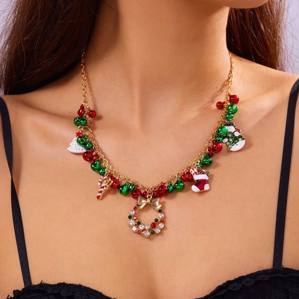 Christmas Colorful Bells Pendant Necklaces for Women Shiny Zircon Snowman Christmas Tree Necklaces Xmas Party Gift Jewelry