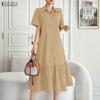 ZANZEA Women Casual Turn Down Collar Loose Summer Short Sleeve Dress