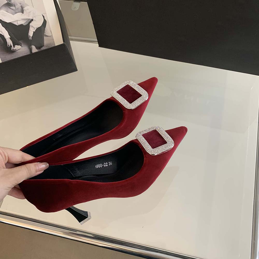 fashion Sexy Party Pumps Women Shallow Slip On Dress Rhinestone Pumps Thin High Heels Black Brown Red Fasshion Office Shoes Woman 35-39