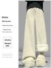 Women's High-Waisted Corduroy Pants - White Fluffy Lambswool, Wide-Leg, Plus Velvet Thickened & Slimming for Autumn/Winter