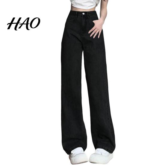 Solid Color High-waist Jeans Women High Waist Button Zipper Closure Vintage Loose Fit Hidden Belly Shape Trousers Pockets Straight Wide Leg Streetwear