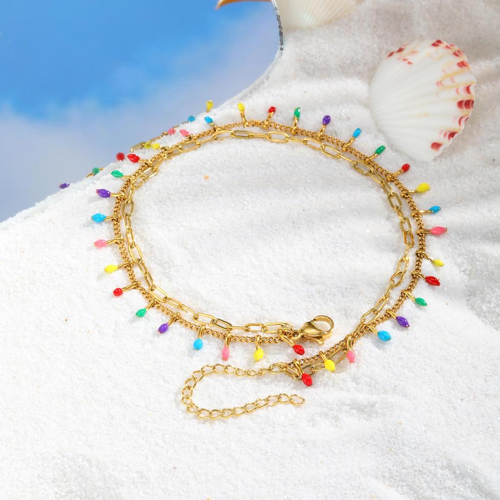 Women's Colored Double layer Anklet,Feet Chain Stainless Steel Anklets,Charm Ankle Bracelet Jewelry Gifts