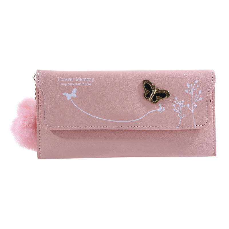 Womens Wallet Cute Elegant Long Slim Card Holder Case Minimalist Coin Purse Zipper Wallet With Fur Ball Bow Decor
