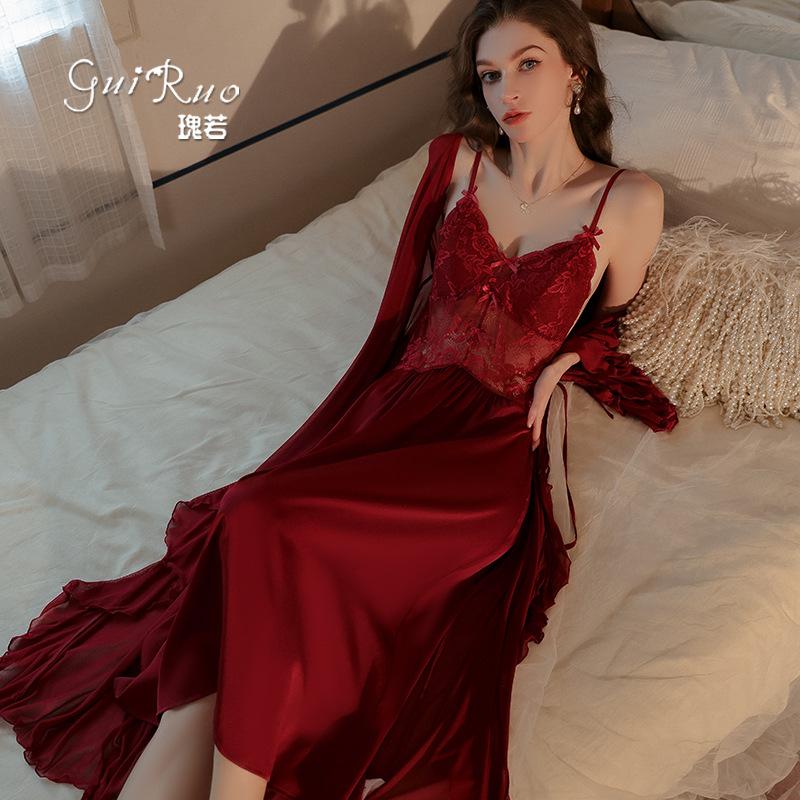 Women's Plus Size Sheer Mesh Padded Sleep Dress with Robe Lounge Set