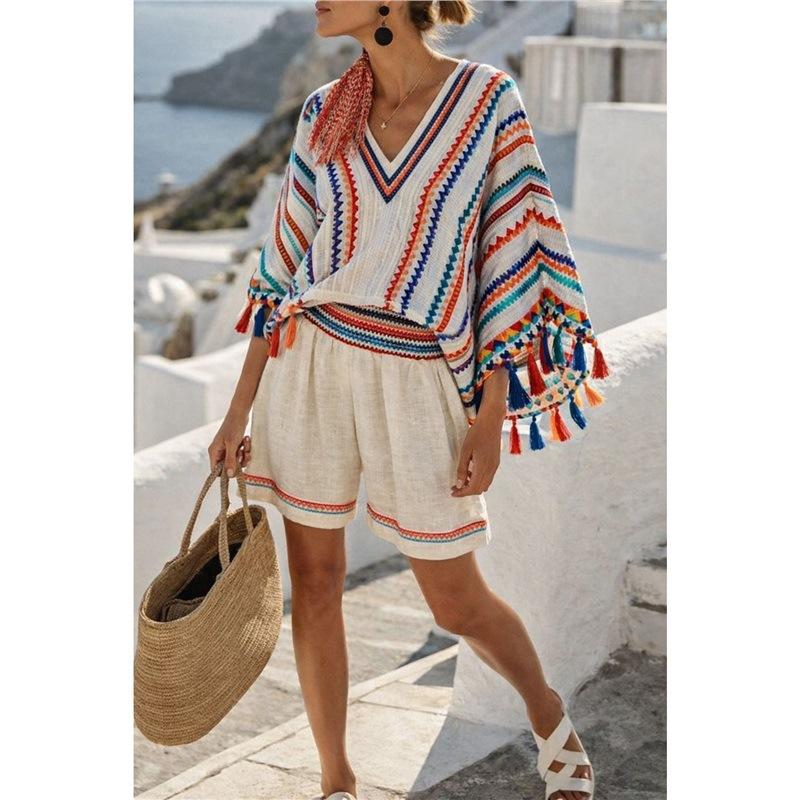 16 European and American summer printed beach blouse vacation casual bikini beach bat sleeve set