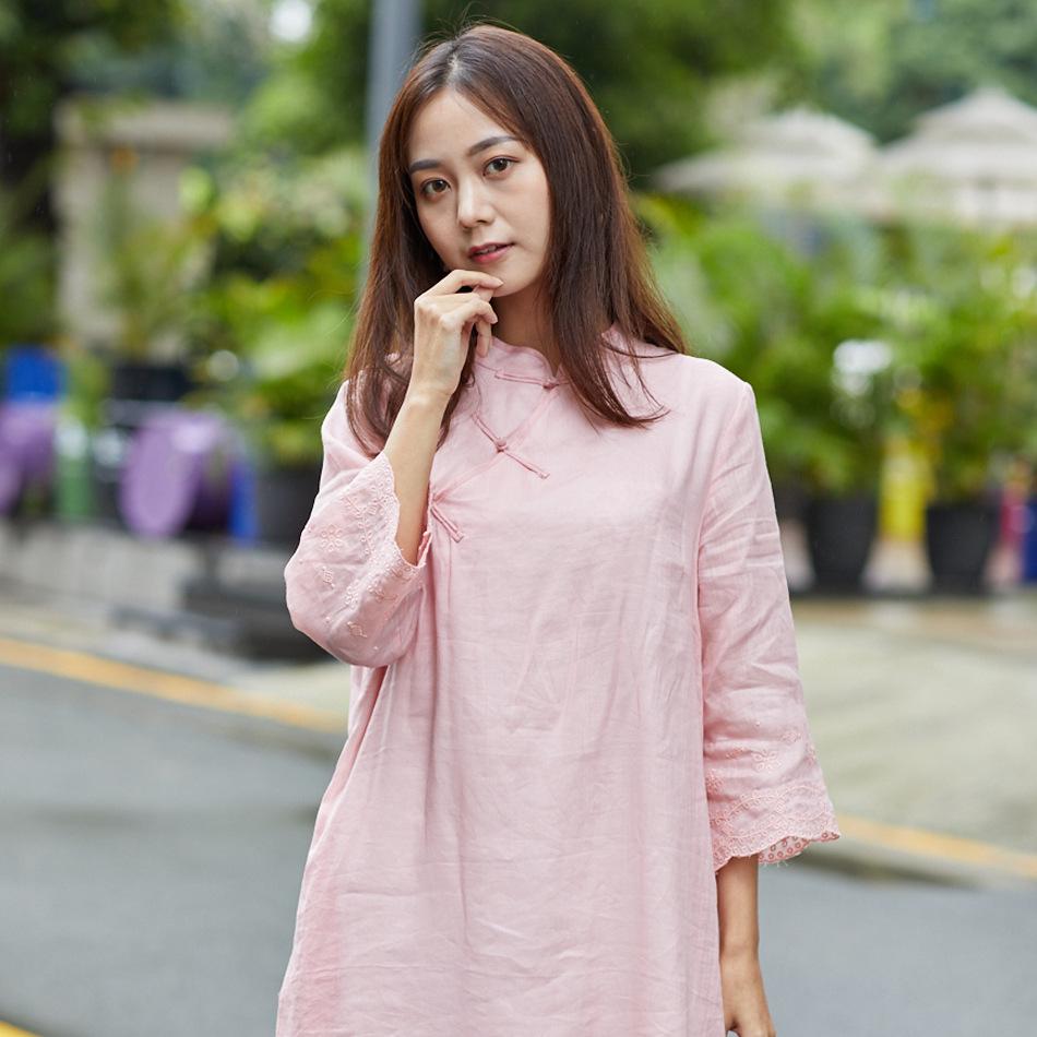2020 Summer Women's Soft Pink Lotus Sleeve Cotton Linen Embroidery Dress