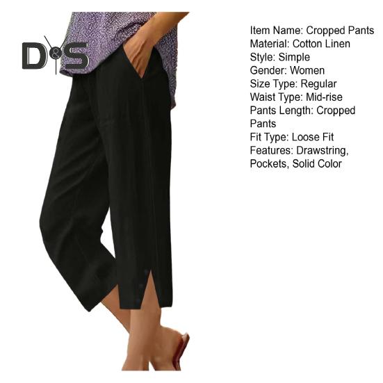 Women Cropped Pants Elastic Waist Wide Leg Beach Pants with Pockets Solid Color Casual Loose Fit Pants