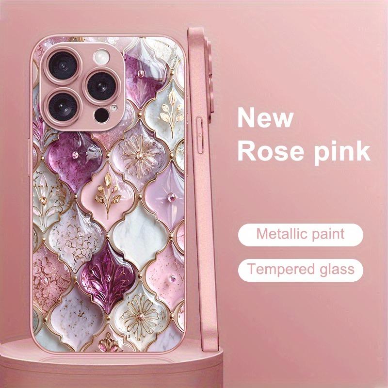 Plaid Flower Pattern Pink Metallic Paint Glass Hard Phone Case For iPhone 17 15 16 Pro Max 11 12 13 14 Plus 16E 17Air Cover
