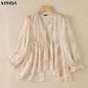 VONDA Womens Bohemian Floral Print V Neck Blouse Long Sleeve Semi-Sheer Irregular Layered Ruffled Tops