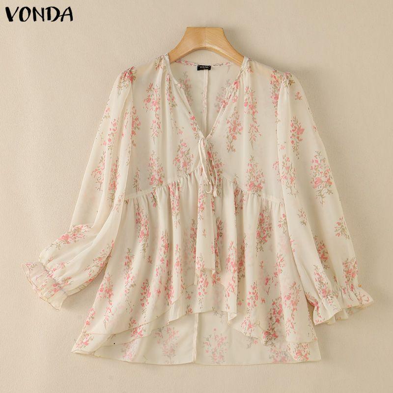 VONDA Womens Bohemian Floral Print V Neck Blouse Long Sleeve Semi-Sheer Irregular Layered Ruffled Tops