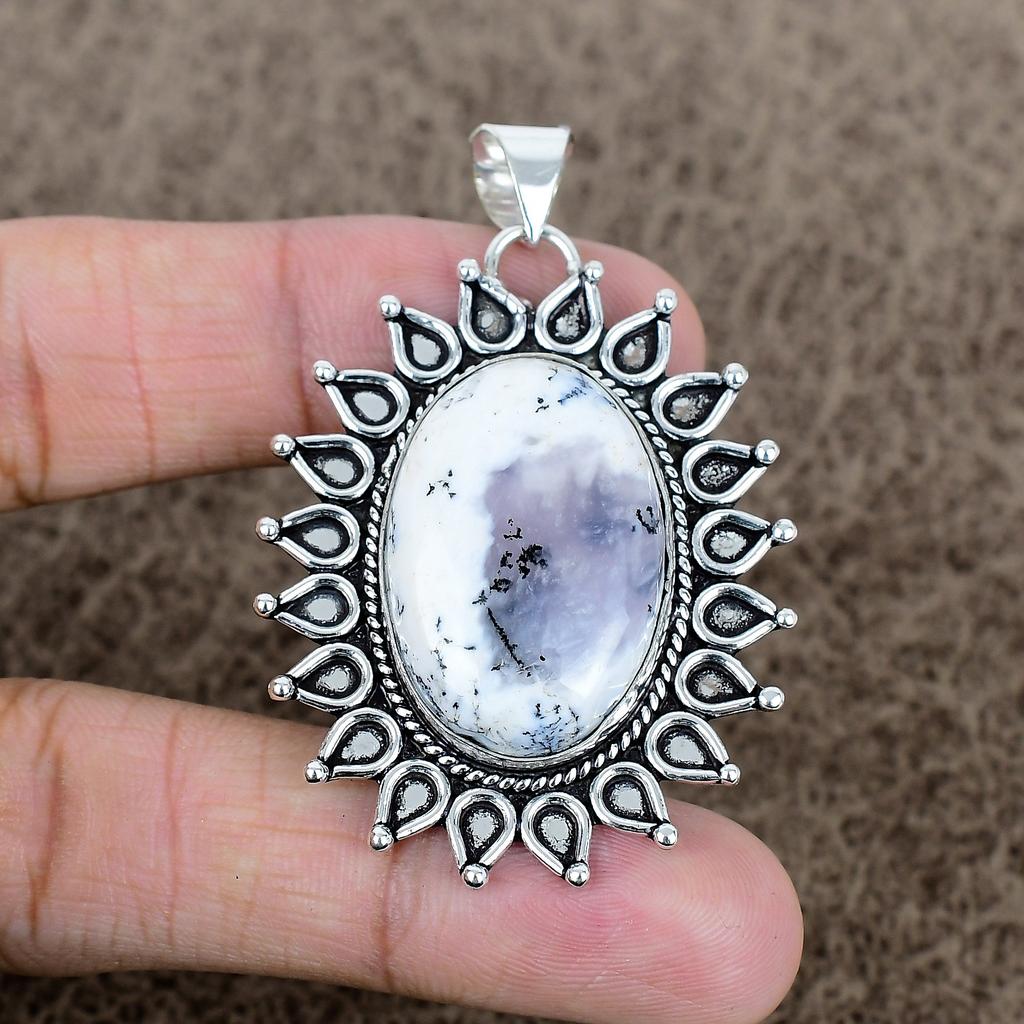 Dendrite Opal Gemstone Handmade 925 Sterling Silver Jewelry Pendant 2.29" KKG-727