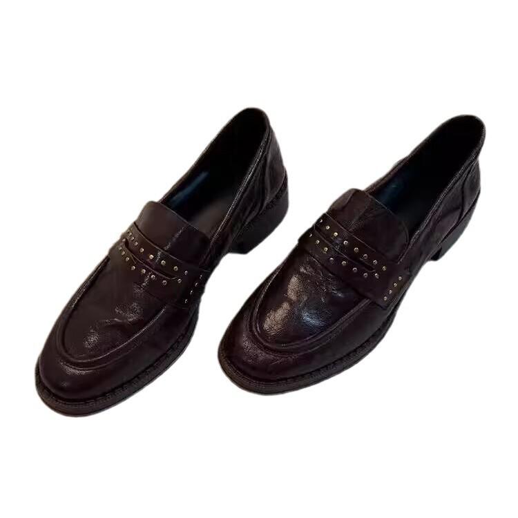 Cowhide Version~ Loafers Women's Genuine Leather Retro British Style Round Head Rivet Folds One Pedal Thick Heel Small Leather Shoes Women