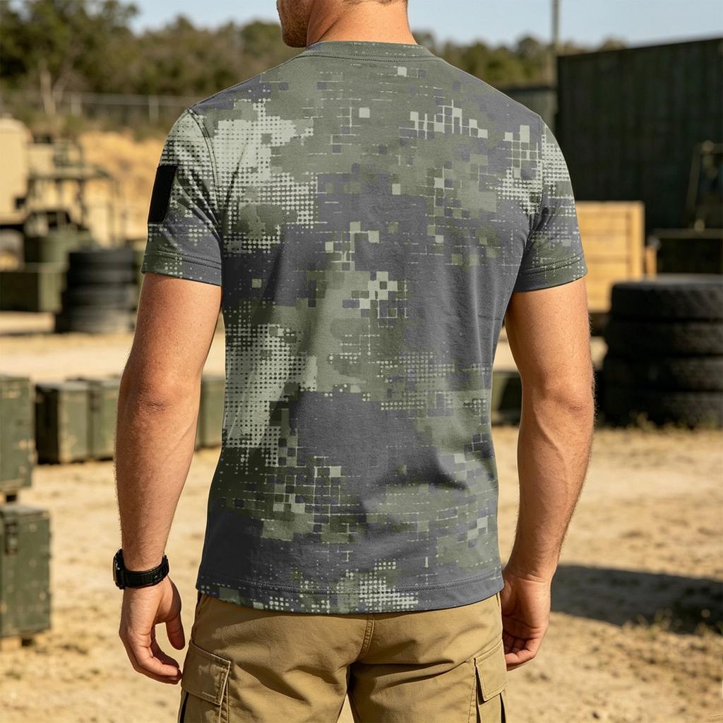 Men's Tactical Outdoor Quick Dry Short Sleeve T Shirt Loose Fit Breathable Crew Neck Camouflage Print with Hook and Loop Patch Area