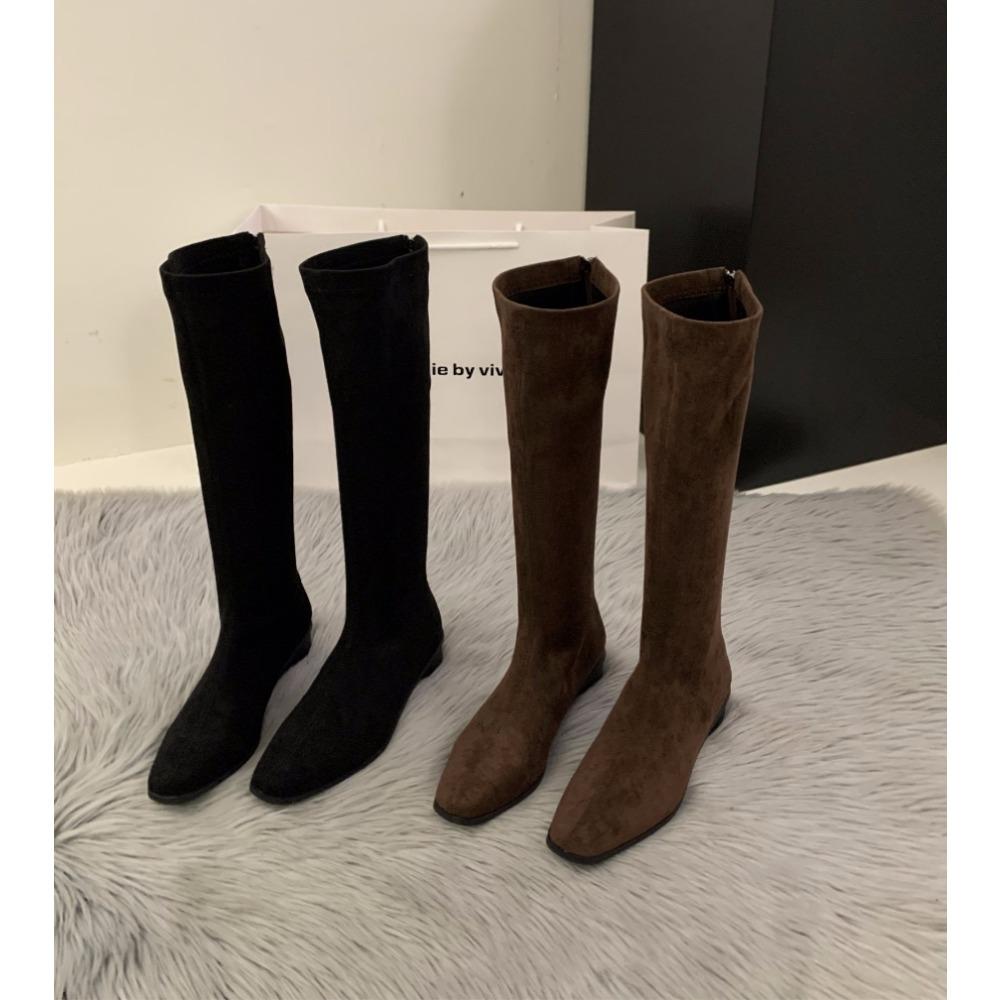 Luxury Designer Vintage Women Knee High Boots Fashion Square Low Heel Shoes Concise Slim Long Botas De Mujer