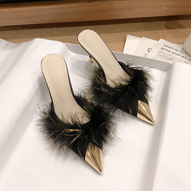 2024 NEW Summer Women Pump Feather Heels Fashion Simple Wind Mule Slippers Women's Slide Stiletto Heels Shoes for Women  Heels
