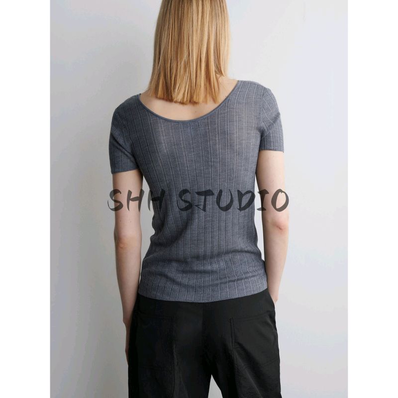 MD Summer New Product Women's Clothes American Slim-Fit Rib Knitting Mulberry Silk Blended T-shirt Tops 1293045