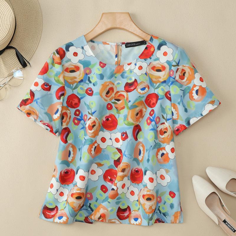 

ZANZEA Женская повседневная летняя блузка с круглым вырезом и коротким рукавом с принтом 5XL синий