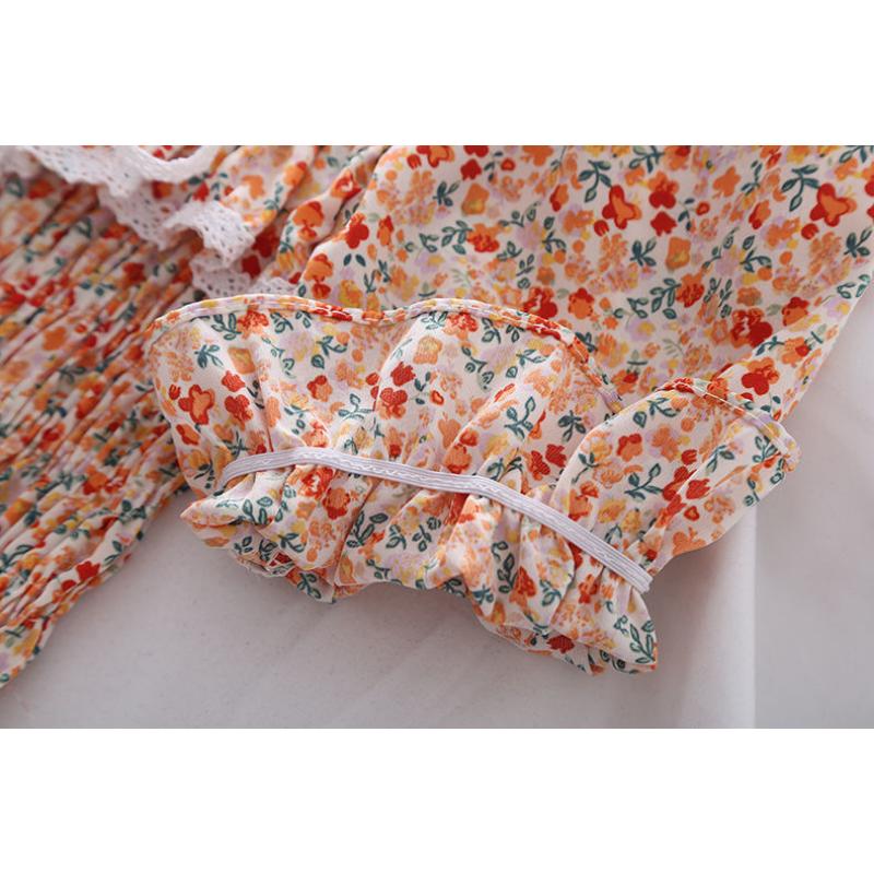 Broken Flower Sweet Puff Sleeve Women Blouse Slim Elastic Waist Square Neck Short Sleeve Top Lace Bow Decoration Fairy Casual