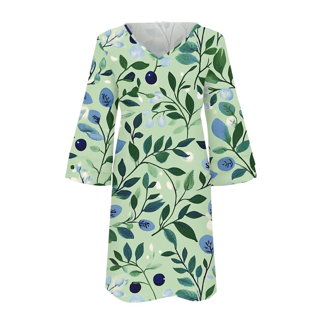 Women's  Fashion V-neck Solid Color Large Size Loose Long Large Swing 3/4 Sleeved Dress