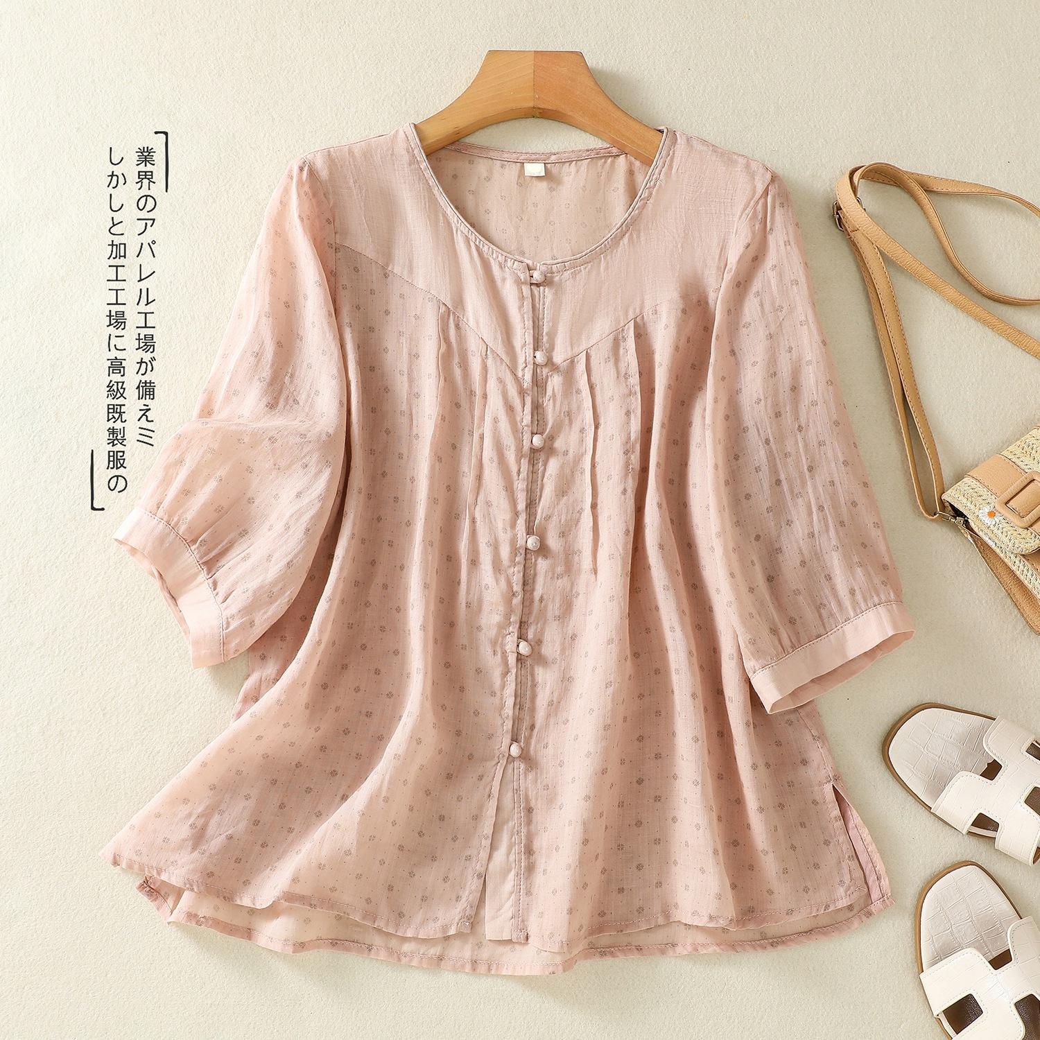 

2025 лето новая ретро принтованная рубашка из хлопка и льна женская контрастная рубашка с круглым вырезом темперамент тонкий короткий рукав 2XL