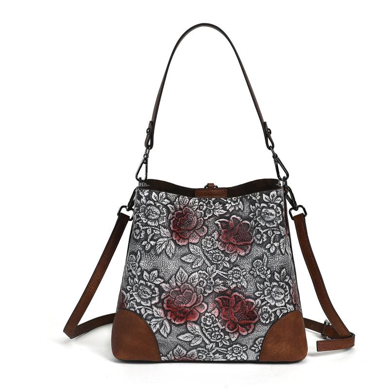 

Johnature Сумка-ведро ручной работы с цветочным принтом, женская сумка с тиснением в стиле ретро, сумки через плечо большой емкости серебряный