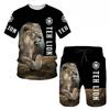 2 Piece Lion Set Trend Mens Retro 3D Printed Leisure Summer Suit Round Neck T-shirt Fashionable Loose Sports Shirt Suit