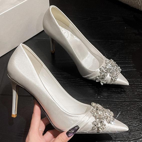 French High Heels Women's New Rhinestone White Wedding Bride Shoes Hollow Dress Single Shoes
