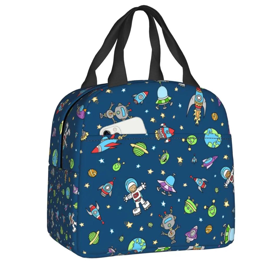 Cartoon Space Planet Rocket Thermal Insulated Lunch Bag Women Astronaut Spaceship Portable Lunch Box for Kids School Food Bags