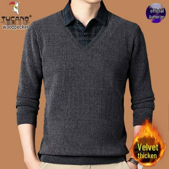 Woodpecker Men's Fleece-Lined Two-Piece Chenille Sweater with Shirt Collar