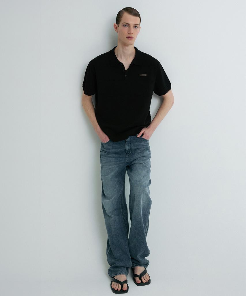 Liimaen Ribbed Detail Knit Polo Shirt Black