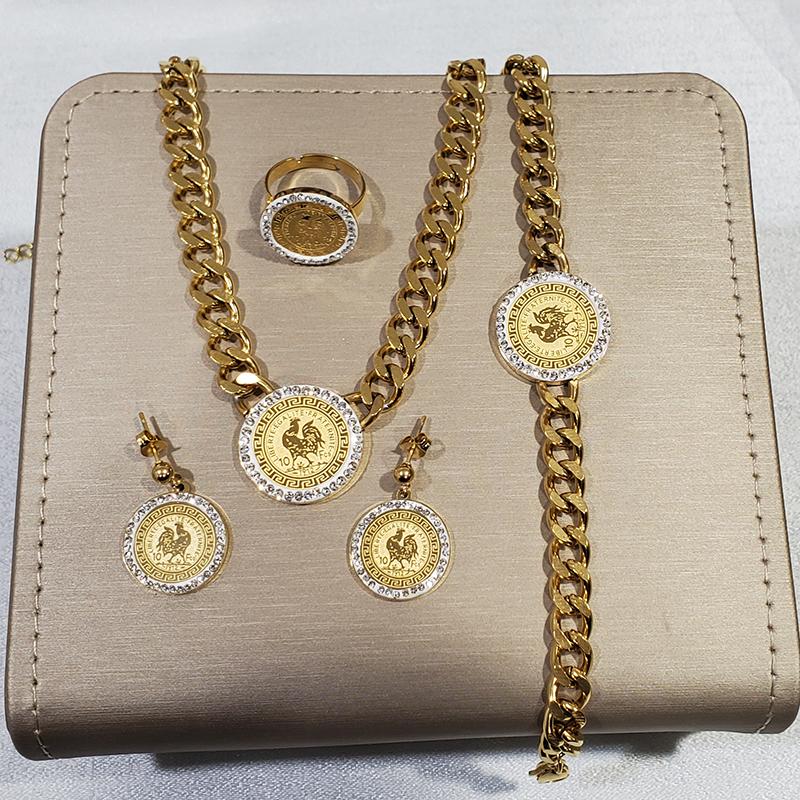 Acciaio Inossidabile 316L Zodiaco Gallo Cuban Micro Intarsiato Zircone Catena GrossaCollana Bracciale Orecchini Anello Set di Gioielli da Matrimonio