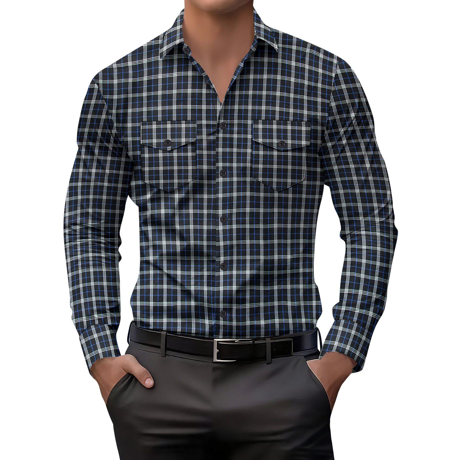 

Мужская полосатая клетчатая повседневная свободная куртка с лацканами на пуговицах и длинными рукавами XL тёмно-синий