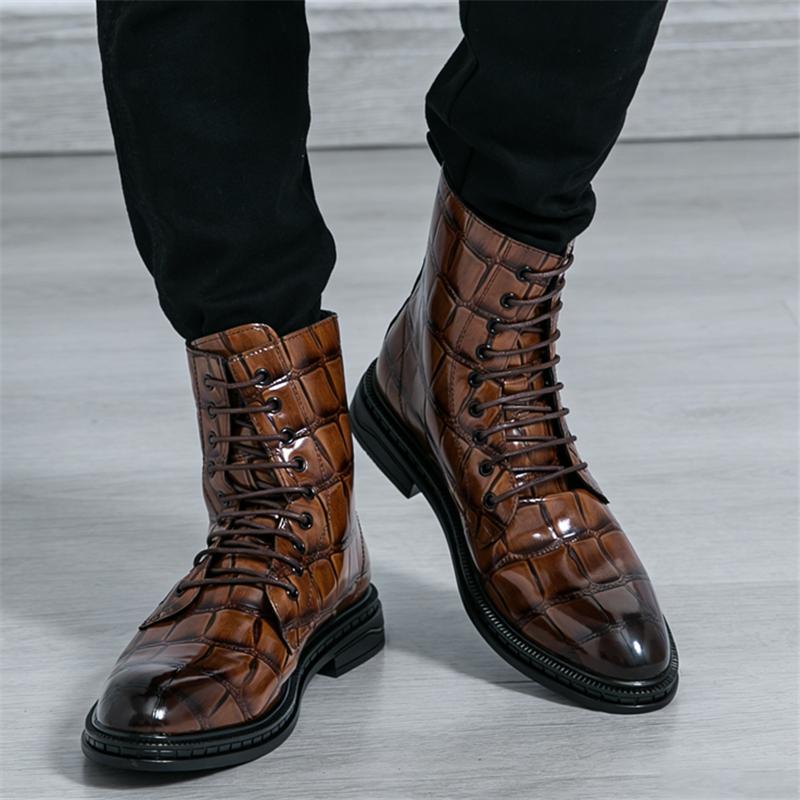 New Designer Crocodile Pattern Pointed Business Casual Ankle Boot For Men Winter High Tops New Motorcycle Chelsea Leather Shoes