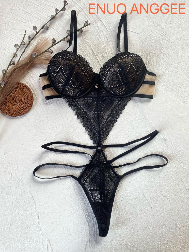 Sexy Lace Thong Bodysuit with Gathered Bra & Backless Design