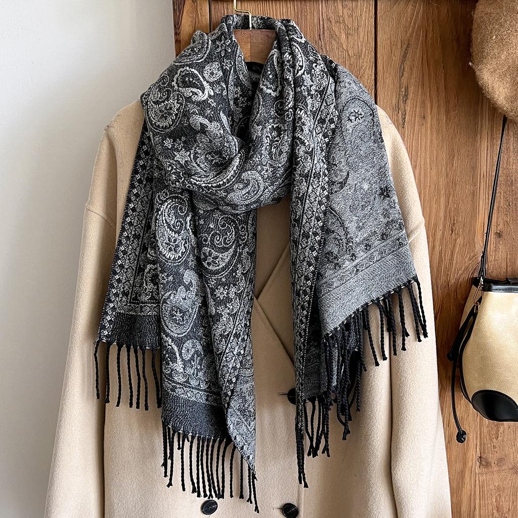 Winter Women'S Thick Pashmina Shawl Paisley Design National Style Warm Long Tassel Scarf Poncho Stoles For Cold Weather