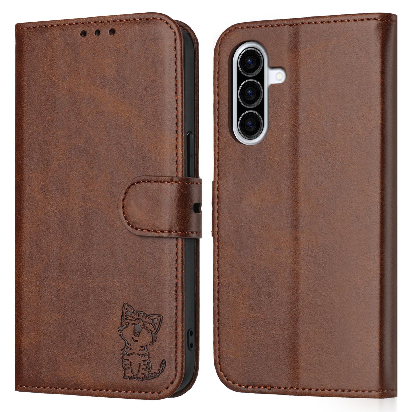 

For Samsung Galaxy A36 5G Case Happy Cat Pattern Imprinted Leather Wallet Phone Cover Brown
