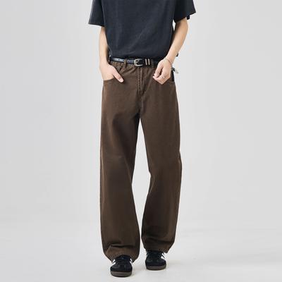Jeans brun terreux lavé rétro coton pantalon de travail hommes décontracté ample droit jambe large