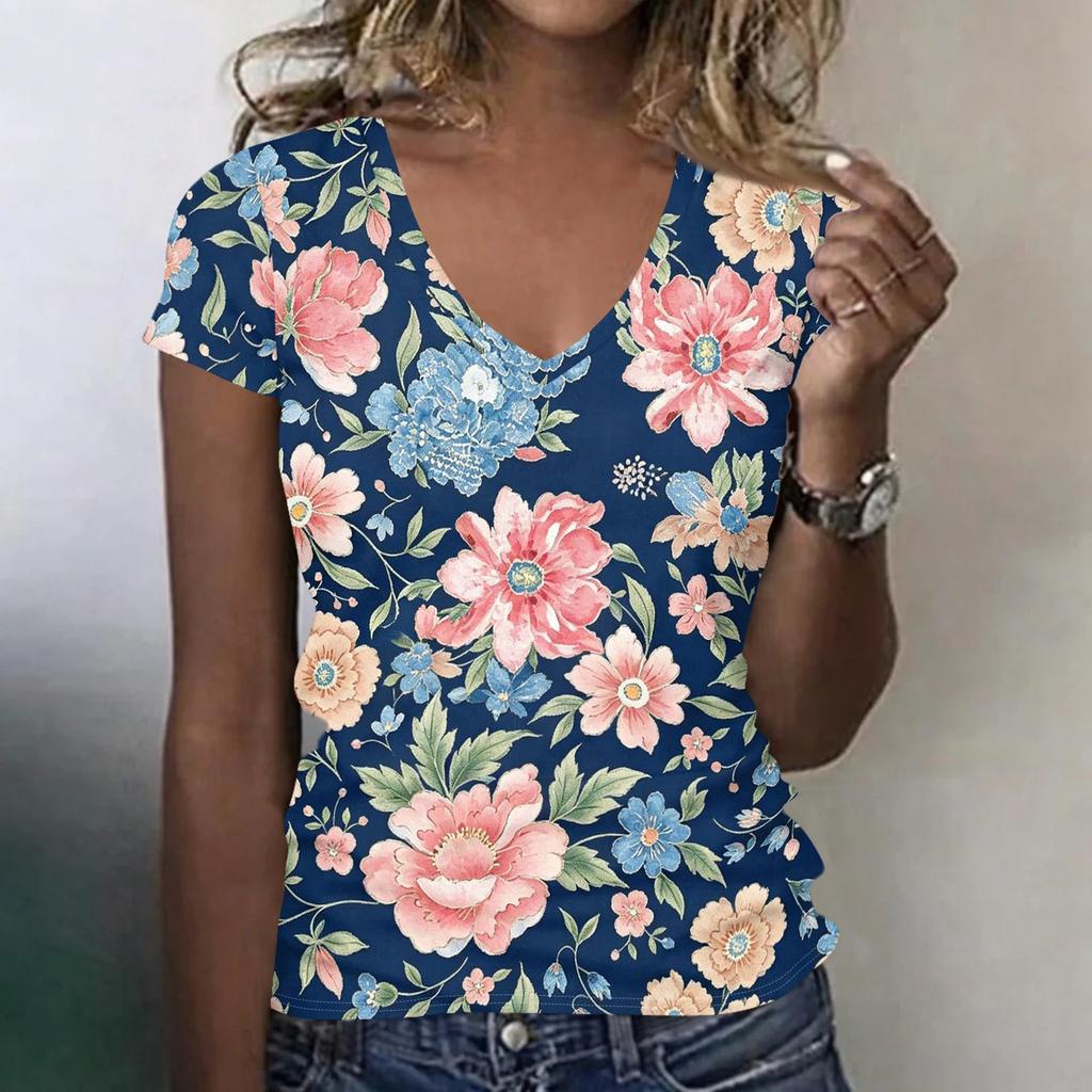Camiseta Floral de Manga Corta con Cuello en V para Mujer, Informal, Holgada, Tejido Ligero y Suave, Top para Uso Diario, Oficina, Viajes