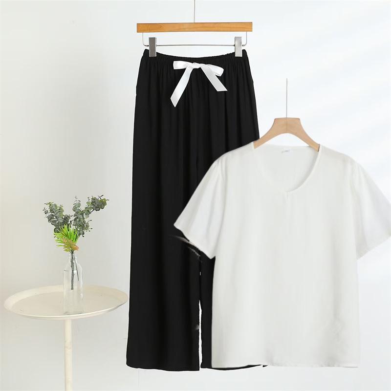 2025 Summer Floral Cotton & Rayon Women's Short-Sleeve V-Neck Top and Wide-Leg Pants Set for Middle-Aged & Elderly Moms