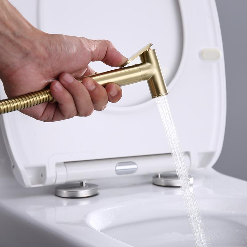 Bidet Sprayer Brushed Gold Bathroom Clean Toilet 2 Functions Water Flow Brass Body Stainless Steel/PVC Hose