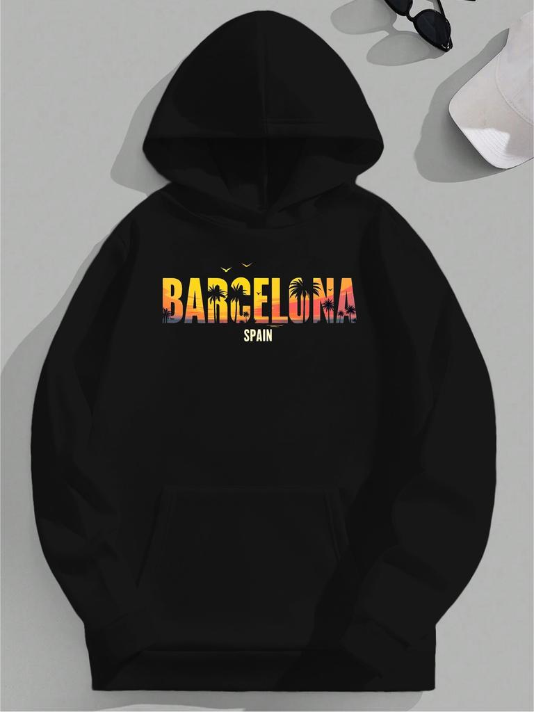 Plus Size Barcelona Spain Hoodie - Casual Loose Fit