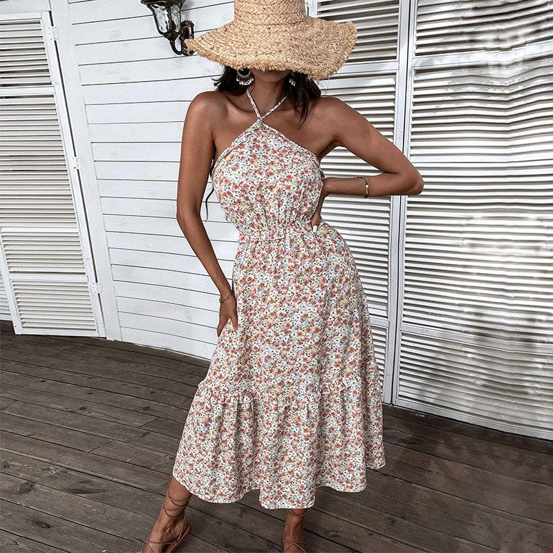 Summer Cross Elegant Holiday Style Skinny Floral Neck Dress
