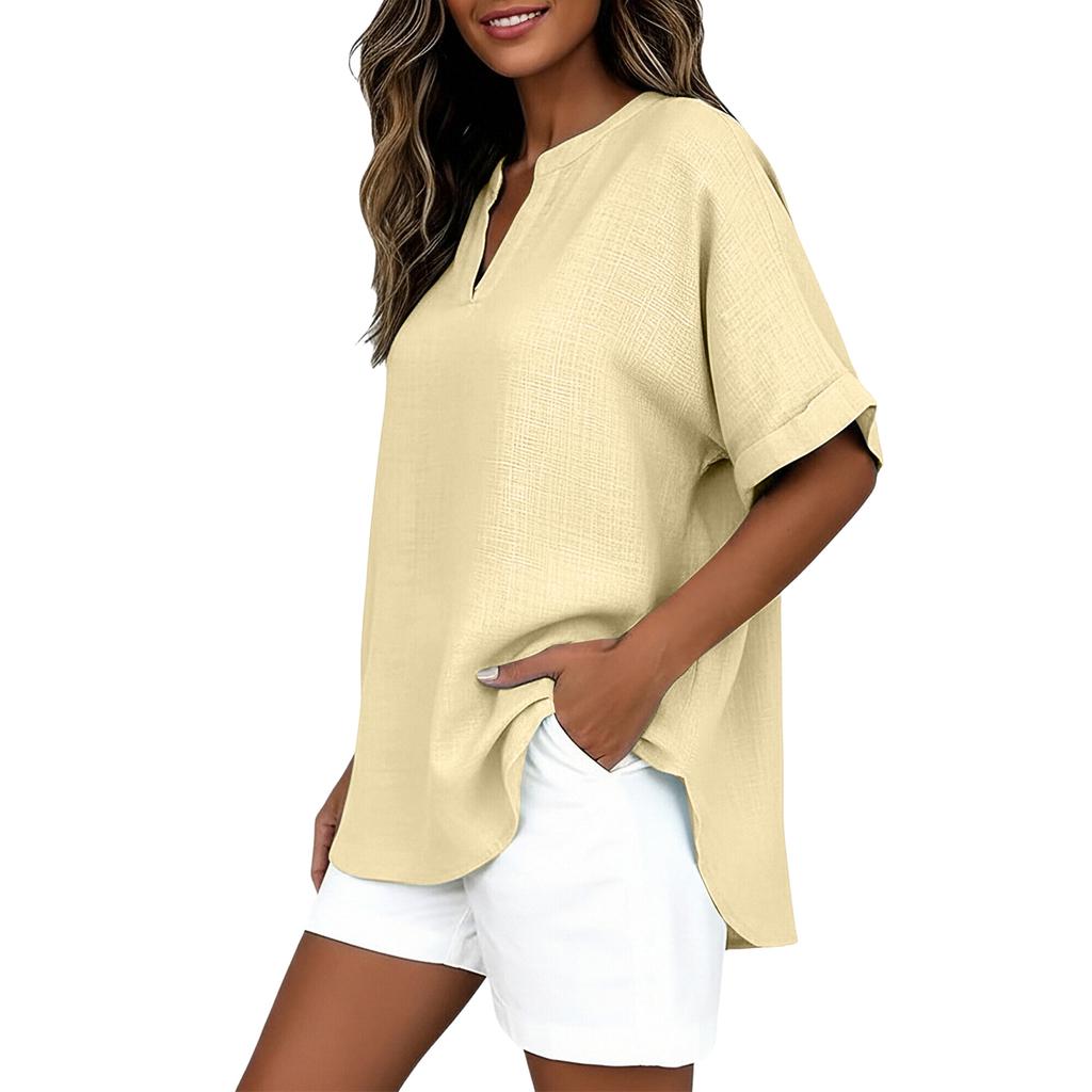 Women’s Loose Fit Short Sleeve V Neck Blouse Lightweight Casual Tunic Top with Rolled Sleeves for Summer Spring Outfits