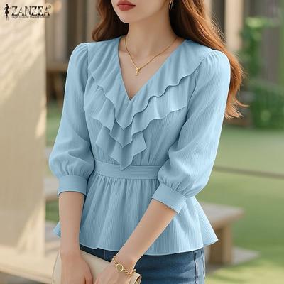 Blusa Feminina Casual de Verão com Babados, Decote V e Manga 3/4 Listrada